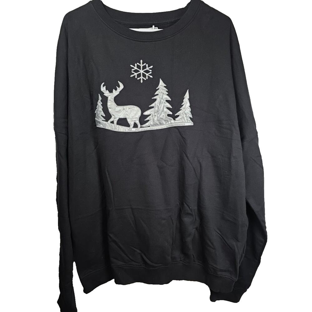 TAMSY Vintage Black Silver Christmas Sweater Sweatshirt Plus 3X Embroidered